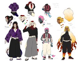  2026 6_eyes accessory akaza_(demon_slayer) albino anklet asian_clothing backless_clothing barefoot beads belt black_hair blonde_hair blue_markings blue_sclera bottomwear claws clothing collar demon demon_slayer demon_slayer_uniform doma_(demon_slayer) ear_piercing ear_ring east_asian_clothing eyeshadow fangs feet flame_pattern footwear freckles front_view frown group hair hair_accessory hairpin hakama haori human humanoid intersex japanese_clothing jewelry kimetsu_no_yaiba kimono kokushibo_(demon_slayer) kyojuro_rengoku long_hair makeup male maleherm mammal markings model_sheet multi_eye multicolored_eyes pale_skin pattern_clothing piercing pink_hair pointy_ears ponytail prayer_beads puppetmaster13uwu rainbow_eyes rear_view red_hair_tips red_markings red_sclera ring_piercing sharp_teeth short_hair side_view simple_background size_difference smile socks spiked_tail spikes spikes_(anatomy) tabi_socks tail tailed_humanoid tan_body teeth text thagomizer topwear vest white_background white_belt yellow_eyes zori 