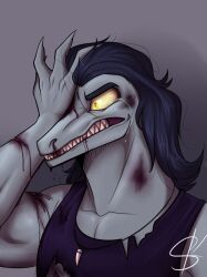  anthro black_hair blood bodily_fluids bruised clothing disney grey_body grey_skin hair lizard male one_eye_obstructed reptile scalie septarian shirt skyli-wyvern solo star_vs._the_forces_of_evil tank_top tears toffee_(svtfoe) topwear torn_clothing wounded 