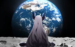  ahoge back black_background commentary curled_horns demon_horns earth_(planet) female from_behind grey_hair highres hololive horns la+_darknesss la+_darknesss_(1st_costume) long_hair moon planet ponnu_(nikeytina) sitting solo space striped_horns very_long_hair virtual_youtuber wariza 