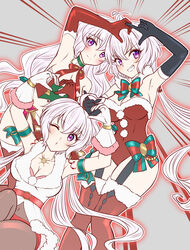  3girls absurdres axia-chan bare_shoulders black_gloves bodysuit breasts dress elbow_gloves gloves grey_hair highres large_breasts long_hair multiple_girls one_eye_closed purple_eyes red_gloves santa_dress senki_zesshou_symphogear senki_zesshou_symphogear_xd_unlimited twintails very_long_hair white_gloves yukine_chris yukine_chris_(another) yukine_christina 