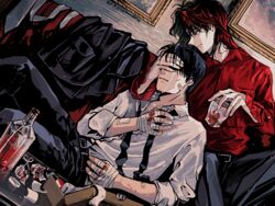  2boys alcohol artist_name bandaged_hand bandages bandaid bandaid_on_arm black_eyes black_hair black_jacket black_necktie blood blood_on_bandages blood_on_hands closed_mouth collared_shirt commentary_request couch crying cup cuts dated feet_out_of_frame hand_over_another&#039;s_eyes holding holding_cup ice ice_cube ichijou_seiya injury jacket kaiji long_hair long_sleeves looking_at_another male_focus medium_bangs multiple_boys murakami_tamotsu necktie painting_(object) pants red_hair red_shirt shirt short_hair sitting surgical_scissors undone_necktie unknown03162 unworn_jacket white_necktie white_shirt 