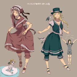  1boy 1other 2girls arizuka_(catacombe) blonde_hair bloodborne blue_eyes closed_eyes doll doll_joints dress hat headdress highres hunter_(bloodborne) joints messengers_(bloodborne) multiple_girls plain_doll praise_the_sun sailor_dress smile top_hat 