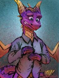  3:4 activision after_transformation anthro blue_background blue_clothing blue_shirt blue_topwear claws clothing dragon dragonsica dress_shirt finger_claws male mythological_creature mythological_scalie mythology scalie self_portrait shirt simple_background solo spyro spyro_the_dragon tail topwear 