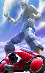  1990s_(style) 1boy akira_(manga) barefoot black_hair clenched_hands cloud cloudy_sky commentary_request crossover day dougi headband highres k-kat kaneda_shoutarou&#039;s_bike low_poly motor_vehicle motorcycle name_connection photoshop_(medium) realistic retro_artstyle science_fiction sky sleeveless virtua_fighter yuki_akira 