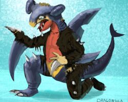  blue_eyes dragon dragonsica garchomp generation_4_pokemon human human_to_feral male mammal marine mid_transformation mythological_creature mythological_scalie mythology nintendo pokemon pokemon_(species) sad scalie solo species_transformation tail transformation 