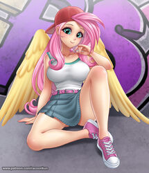  2020 5_fingers alternate_species backwards_baseball_cap backwards_hat baseball_cap belt bent_arm bent_legs bottomwear breasts candy clothing dessert digital_media_(artwork) extended_arm eyelashes feathered_wings feathers female fingers fluttershy_(mlp) food footwear friendship_is_magic hair hasbro hat headgear headwear holding_food holding_object humanoid humanoidized lacing lollipop long_hair looking_at_viewer my_little_pony not_furry pink_hair planted_leg racoon-kun shirt shoelaces shoes skirt smile sneakers solo teal_eyes text topwear url winged_humanoid wings 