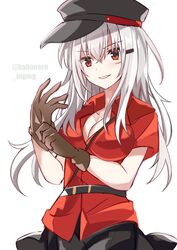  black_hat black_skirt breasts brown_gloves commentary_request cowboy_shot fathom female gangut_(kancolle) gangut_dva_(kancolle) gloves grey_hair hat highres kantai_collection large_breasts long_hair looking_at_viewer peaked_cap red_eyes red_shirt scar scar_on_cheek scar_on_face shirt short_sleeves simple_background skirt solo twitter_username white_background 