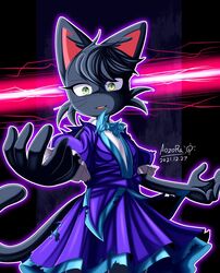  2021 5_fingers anthro aozora_(tasogare_aozora) blue_eyes bottomwear clothing dated domestic_cat dress felid feline felis female fingers fur furgonomics looking_at_viewer mammal odd_taxi skirt solo stare tail tail_through_skirt young_(lore) yuki_mitsuya_(odd_taxi) 