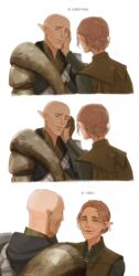  1boy animification bald cheetahman_(1ddghfr78cswc) couple dragon_age dragon_age:_inquisition elf female gloves green_eyes grey_eyes hair_bun hand_on_another&#039;s_face highres inquisitor_(dragon_age) korean_text old old_woman pointy_ears red_hair shirt single_hair_bun smile solas straight wrinkled_skin 