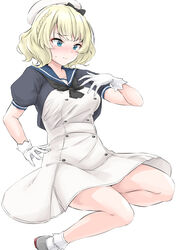  black_sailor_collar blonde_hair blue_eyes blush breasts buttons closed_mouth colorado_(kancolle) cosplay dress female gloves highres jervis_(kancolle) jervis_(kancolle)_(cosplay) kantai_collection look-alike medium_breasts sailor_collar sailor_dress short_hair short_sleeves simple_background socks solo takomeshi white_background white_dress white_gloves white_socks 