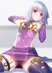  armor ass_visible_through_thighs bare_shoulders bikini_armor blush breasts closed_mouth covered_navel detached_sleeves dress earrings fate/grand_order fate_(series) female floral_print grey_hair hair_ribbon highres jewelry kama_(fate) kama_(first_ascension)_(fate) leaning_back looking_at_viewer lotus_print miniskirt panties pelvic_curtain pink_ribbon purple_dress purple_panties purple_skirt purple_sleeves purple_thighhighs red_eyes ribbon short_hair skirt small_breasts solo spread_legs suzuki_nene thighhighs thighlet thighs underwear white_hair 