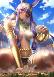  absurdres animal_ears armlet black_loincloth blonde_hair bracelet breasts city cloud commission dragon earrings egyptian egyptian_clothes facial_mark fate/grand_order fate_(series) female giant giantess hair_between_eyes headband highres hoop_earrings jackal_ears jewelry long_hair multicolored_hair navel nitocris_(fate) nitocris_(third_ascension)_(fate) numaguro_(tomokun0808) purple_eyes purple_hair sitting skeb_commission sky solo spread_legs thighlet two-tone_hair usekh_collar vambraces very_long_hair ziggurat 