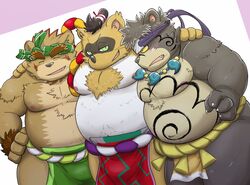  2019 anthro arm_around_shoulders asian_clothing bear belly black_body black_fur brown_body brown_fur bulge canid canine closed_eyes clothing east_asian_clothing fur green_eyes group hi_res hug humanoid_hands japanese_clothing male mammal mawashi moobs navel nipples ooe_senbee overweight overweight_male raccoon_dog rockmai3 saigou_shirou sengoku_puzzle sumo tanuki tokugawa_ieyasu 