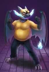  anthro anthrofied black_bottomwear black_clothing black_pants blue_fire bottomwear claws clothing colored_fire dragonsica fan_character fire flaming_tail generation_6_pokemon male mega_charizard mega_charizard_x mega_evolution nintendo pants pokemon pokemon_(species) pokemorph purple_background shirt simple_background solo standing tail toe_claws topwear yellow_clothing yellow_shirt yellow_topwear 