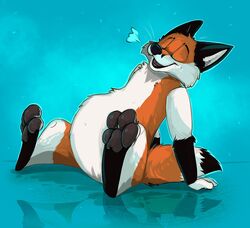  4_toes ambiguous_gender anthro belly big_belly black_nose bloated blue_background brown_pawpads canid canine closed_eyes digitigrade feet fox fox4 hindpaw looking_pleasured mammal open_mouth pawpads paws red_fox simple_background sitting solo stomach_bulge toes true_fox whiskers 