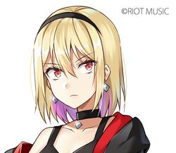  ashizawa_saki bare_shoulders black_tank_top blonde_hair choker close-up colored_inner_hair earrings female hair_between_eyes hairband jacket jewelry looking_at_viewer medium_hair multicolored_hair pendant pink_hair portrait red_eyes riot_music shiro_kuma_shake simple_background solo tank_top two-tone_hair virtual_youtuber white_background 