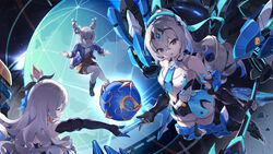  3girls asc11 bare_shoulders black_gloves blue_jacket bronya_zaychik bronya_zaychik_(herrscher_of_reason) bronya_zaychik_(herrscher_of_truth) bronya_zaychik_(snowy_sniper) closed_mouth clothing_cutout commentary crossed_bangs drill_hair elbow_gloves english_commentary gloves grey_eyes highres honkai_(series) honkai_impact_3rd jacket long_hair mecha_musume multiple_girls multiple_persona navel open_mouth science_fiction stomach_cutout thighhighs white_hair white_thighhighs 