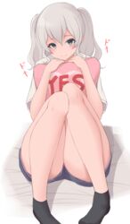  88942731ne alternate_costume black_socks blue_eyes blue_shorts female grey_hair holding holding_pillow hugging_object kantai_collection kashima_(kancolle) knees_up looking_at_viewer one-hour_drawing_challenge pillow pillow_hug shirt shorts sitting smile socks solo thighs twintails white_background white_shirt yes yes-no_pillow 