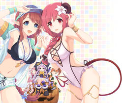  5girls :d animal_hat animal_hood armpit_peek bell bikini bikini_under_clothes black_bikini black_capelet black_dress black_gloves blue_eyes blue_headwear blush boots bow bracelet braid breasts brooch brown_hair capelet cat_hood cleavage closed_eyes collarbone covered_navel cross-laced_clothes cross-laced_one-piece_swimsuit dolphin_shorts dress elbow_gloves elf flower frilled_one-piece_swimsuit frills fur-trimmed_capelet fur-trimmed_hood fur_trim gloves green_shirt green_wristband hair_flower hair_ornament hat hat_tip highres holding_hands hood hooded_capelet hoodie horns io_(princess_connect!) io_(summer)_(princess_connect!) jack-o&#039;-lantern jewelry jingle_bell kyoka_(halloween)_(princess_connect!) kyoka_(princess_connect!) large_breasts layered_bikini long_hair looking_at_viewer midorinocha mimi_(halloween)_(princess_connect!) mimi_(princess_connect!) misato_(princess_connect!) misato_(summer)_(princess_connect!) misogi_(halloween)_(princess_connect!) misogi_(princess_connect!) multiple_girls navel one-piece_swimsuit open_clothes open_shirt orange_bow orange_hair pink_hair pointy_ears ponytail princess_connect! pumpkin purple_eyes purple_hair rabbit_hat red_eyes red_hair shirt short_sleeves shorts sideboob smile striped_clothes striped_shorts swimsuit tail thighlet two-tone_bikini two-tone_shirt unbuttoned unbuttoned_shirt vertical-striped_clothes vertical-striped_shorts very_long_hair visor_cap whistle whistle_around_neck white_bikini white_flower white_one-piece_swimsuit white_shirt wristband yellow_eyes 