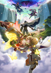  1boy absurdres alfonse_(fire_emblem) armor artist_request bare_shoulders black_dress blonde_hair blue_hair blunt_bangs boots bug butterfly butterfly_wings cape cloud cloudy_sky day dress fairy_wings field fire_emblem fire_emblem_heroes flower flower_field folkvangr gloves gradient_clothes gradient_hair hair_between_eyes hair_ornament hand_grab high_heels highres holding holding_sword holding_weapon insect_wings leg_up long_hair long_sleeves multicolored_hair multiple_girls official_art outdoors peony_(fire_emblem) pink_hair plumeria_(fire_emblem) pointy_ears rainbow scale_armor sharena_(fire_emblem) short_dress shorts sidelocks sky sleeveless sparkle striped sword thigh_boots thighhighs thighs tied_hair triandra_(fire_emblem) vertical_stripes water waterfall weapon wings zettai_ryouiki 