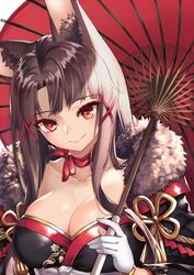  akagi_(azur_lane) akagi_(plum_and_snow)_(azur_lane) animal_ear_fluff animal_ears azur_lane black_hair black_kimono breasts choker cleavage closed_mouth collarbone female flower_knot fox_ears fur-trimmed_kimono fur_trim gloves hair_ornament holding holding_umbrella japanese_clothes kaorihero kimono large_breasts long_sleeves looking_at_viewer official_alternate_costume oil-paper_umbrella red_choker red_eyes sidelocks smile solo tassel umbrella upper_body white_gloves x_hair_ornament 