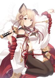  animal_ears black_pantyhose blonde_hair commentary_request dog_ears dog_girl dog_tail erune female granblue_fantasy highres holding holding_weapon katana looking_at_viewer pantyhose rktsm rope sheath shimenawa short_hair sideless_outfit smile solo sword tail unsheathed vajra_(granblue_fantasy) weapon yellow_eyes 