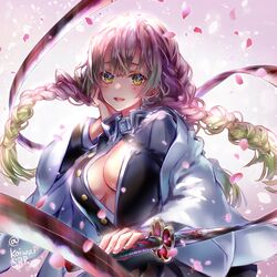  bad_id bad_pixiv_id braid breasts cherry_blossoms cleavage coat commentary_request cowboy_shot demon_slayer_uniform female gradient_hair green_eyes green_hair hand_on_own_cheek hand_on_own_face haori heart heart_print holding holding_sword holding_weapon japanese_clothes kanroji_mitsuri katana kimetsu_no_yaiba long_hair long_sleeves looking_at_viewer medium_breasts mole mole_under_eye multicolored_hair open_mouth partially_unbuttoned petals pink_hair solo sword sword_writing tri_braids twitter_username two-tone_hair uniform weapon whip_sword wide_sleeves yuzu_5101 