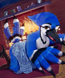  anthro avian avian_feet bird blue_jay building corvid fire happy hi_res house inside jay_(bird) male new_world_jay oscine passerine smile solo sparkittyart 