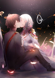  1boy absurdres azur_lane brown_hair closed_eyes commander_(azur_lane) commission couple cross cross_earrings dress earrings feathers female hand_on_another&#039;s_head highres holding_hands interlocked_fingers jewelry kissing kneeling ochkis official_alternate_costume signature sitting straight tirpitz_(azur_lane) tirpitz_(iron_blood_snowstorm)_(azur_lane) uniform white_dress white_hair 