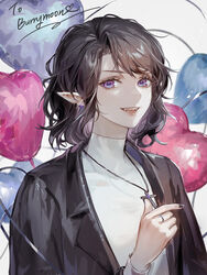  1other absurdres androgynous balloon black_jacket brown_hair copyright_request hand_up highres jacket jewelry looking_at_viewer medium_hair open_clothes open_jacket open_mouth pointy_ears purple_eyes ring shirt solo upper_body white_shirt xi_liu 