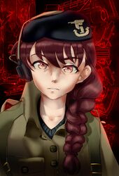  beret black_hat braid braided_ponytail brigador brown_eyes brown_hair closed_mouth commentary cosplay female girls_und_panzer green_jacket hair_over_shoulder hat highres jacket long_hair looking_at_viewer military military_vehicle portrait rukuriri_(girls_und_panzer) single_braid solo toorops 