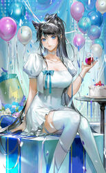  absurdres animal_ears balloon black_hair blue_eyes breasts cake choker commission copyright_request cup dress drinking_glass female food hand_up highres knees_together_feet_apart large_breasts long_hair looking_at_viewer parted_lips photoshop_(medium) ponytail puffy_short_sleeves puffy_sleeves short_sleeves sitting solo thighhighs very_long_hair white_choker white_dress white_thighhighs wine_glass xi_liu 