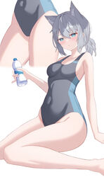  :o absurdres animal_ears black_one-piece_swimsuit blue_archive blue_eyes bottle breasts collarbone competition_swimsuit covered_navel extra_ears female grey_hair highres holding holding_bottle legs looking_at_viewer medium_breasts multiple_views nannann official_alternate_costume one-piece_swimsuit shiroko_(blue_archive) shiroko_(swimsuit)_(blue_archive) simple_background sitting swimsuit thighs water_bottle white_background wolf_ears 