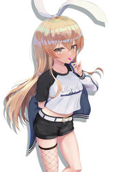  alternate_costume belt black_shorts blonde_hair blush candy clothes_writing female fishnets food hair_between_eyes highres holding holding_candy holding_food holding_lollipop jacket kantai_collection lollipop long_hair multicolored_clothes multicolored_jacket multicolored_shirt ochikata_kage open_clothes open_jacket shimakaze_(kancolle) shirt short_sleeves shorts simple_background solo white_background white_belt yellow_eyes 