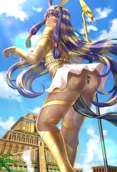  1boy 2girls absurdres animal_ears armlet ass blonde_hair bracelet cloud commission dark-skinned_female dark_skin earrings egyptian egyptian_clothes facial_mark fate/grand_order fate_(series) giant giantess gold_earrings heracles_(fate) highres holding holding_staff hoop_earrings jackal_ears jewelry kneehighs loincloth long_hair looking_back mash_kyrielight multicolored_hair multiple_girls nitocris_(fate) nitocris_(third_ascension)_(fate) numaguro_(tomokun0808) open_mouth palm_tree purple_eyes purple_hair revealing_clothes skeb_commission skirt sky socks staff tree two-tone_hair vambraces very_long_hair white_skirt ziggurat 