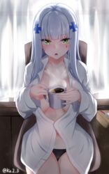  absurdres artist_name bad_id bad_pixiv_id black_panties blunt_bangs breasts chair coffee coffee_mug collarbone commentary_request cup curtains dress_shirt drink eyes_visible_through_hair facial_mark female girls&#039;_frontline green_eyes grey_hair hair_ornament highres hk416_(girls&#039;_frontline) holding holding_cup ibuki_grunt indoors large_breasts light_particles long_hair long_sleeves looking_at_viewer mug navel no_bra on_chair open_clothes open_mouth open_shirt panties shirt signature sitting solo steam teardrop twitter_username underwear white_shirt 