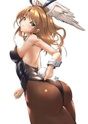  adjusting_clothes animal_ears artist_name ass bare_shoulders black_leotard blue_eyes blush breasts brown_hair closed_mouth commentary deekei detached_collar eunie_(xenoblade) fake_animal_ears fake_tail female hair_ornament hairband head_wings highleg highleg_leotard leotard long_hair looking_at_viewer medium_breasts pantyhose playboy_bunny rabbit_ears rabbit_tail serious shiny_clothes signature skin_tight solo strapless strapless_leotard tail white_background wings wrist_cuffs xenoblade_chronicles_(series) xenoblade_chronicles_3 