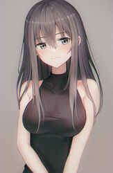  3: absurdres armpit_crease bare_arms bare_shoulders black_dress blush breasts chromatic_aberration closed_mouth commentary dress female grey_background grey_eyes grey_hair hair_between_eyes hair_over_breasts hair_over_shoulder head_tilt highres large_breasts long_hair looking_to_the_side muyang original simple_background sleeveless sleeveless_dress solo symbol-only_commentary taut_clothes taut_dress upper_body 