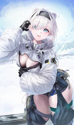  absurdres animal_ears arknights aurora_(arknights) bear_ears bear_girl black_gloves black_hairband black_shirt blue_eyes breasts cleavage cleavage_cutout clothing_cutout crop_top cropped_jacket eyes_visible_through_hair female gloves grey_shorts hair_over_one_eye hairband highres infection_monitor_(arknights) jacket large_breasts long_sleeves looking_at_viewer monge_baby open_mouth outdoors shirt short_shorts shorts solo white_hair white_jacket 