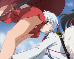  3girls ass black_hair breasts cape cloud han&#039;you_no_yashahime haruyama_kazunori higurashi_towa inuyasha japanese_clothes long_hair moroha multicolored_hair multiple_girls open_mouth outdoors setsuna_(inuyasha) short_hair siblings sisters streaked_hair sword weapon 