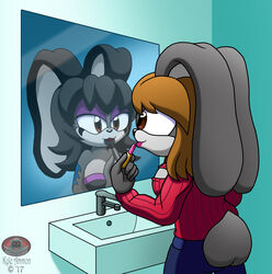  absurd_res altered_reflection alternative_fashion anthro bathroom breasts cleavage_cutout clothed clothing cutout female fully_clothed goth hair hi_res keyhole_turtleneck lagomorph leporid lipstick makeup mammal mirror rabbit reflection sega shadowwalk sink solo sonic_the_hedgehog_(series) sweater topwear turtleneck 