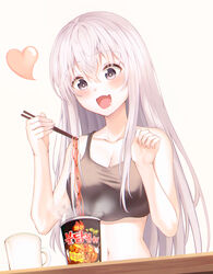  +_+ :d absurdres bad_id bad_pixiv_id bare_arms bare_shoulders black_eyes black_shirt breasts chopsticks cleavage collarbone crop_top cup cup_ramen drooling female food hands_up haru_(muyang) heart highres holding korean_fire_noodles large_breasts long_hair midriff mug muyang navel noodles oerba_yun_fang open_mouth original shirt sleeveless sleeveless_shirt smile solo sparkling_eyes steam stomach taut_clothes taut_shirt white_hair 