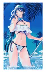  bare_shoulders bikini black_hair blue_sky breasts collarbone commentary fate/grand_order fate_(series) female green_eyes grin jing_ke_(fate) jing_ke_(water_shine)_(fate) katagiri_(mighty_swing) long_hair looking_at_viewer medium_breasts navel off-shoulder_bikini off_shoulder outdoors ponytail pool poolside sidelocks sky smile solo swimsuit thighs wading white_bikini 