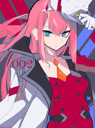  absurdres aqua_eyes breasts buttons character_name coat commentary_request darling_in_the_franxx eyeliner female frown gloves hairband hat highres horns horns_through_headwear kania long_hair looking_at_viewer makeup necktie pink_hair putting_on_headwear red_shirt shadow shirt solo standing striped striped_background twitter_username uniform upper_body white_coat white_gloves zero_two_(darling_in_the_franxx) 