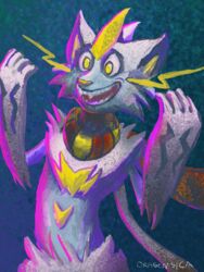  3:4 after_transformation anthro dragonsica fan_character felid feline generation_7_pokemon green_background legendary_pokemon male mammal nintendo painterly pokemon pokemon_(species) shiny_pokemon simple_background solo transformation zeraora 