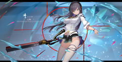  absurdres ahoge black_gloves black_hair bracelet breasts character_name cherry_blossom_print collared_shirt convenient_skirt earrings elbow_gloves english_text engrish_text falling_petals female floral_print gloves green_eyes groin highres impossible_clothes jewelry letterboxed lin_(tower_of_fantasy) long_hair looking_at_viewer medium_breasts midriff navel no_panties petals ranguage shirt single_elbow_glove skindentation skirt solo sword thigh_strap thighhighs thighs tower_of_fantasy wangchuan_de_quanyan weapon white_thighhighs wind wind_lift 