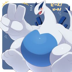  1:1 3_toes 5_fingers absurd_res ai_only_dream ambiguous_gender belly blue_belly blue_body blue_eyes blue_tail blush featureless_crotch feet fingers generation_2_pokemon gesture hand_gesture hi_res japanese_text legendary_pokemon looking_at_viewer lugia multicolored_body nintendo open_mouth pokemon pokemon_(species) soles solo spread_legs spreading tail text toes tongue translated two_tone_body v_sign wide_crotch yellow_text 