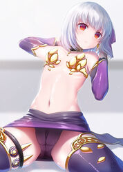  armor ass_visible_through_thighs bare_shoulders bikini_armor blush breasts closed_mouth commentary_request detached_sleeves earrings fate/grand_order fate_(series) female grey_hair hair_ribbon highres jewelry kama_(fate) kama_(first_ascension)_(fate) leaning_back looking_at_viewer miniskirt navel panties partial_commentary pink_ribbon purple_panties purple_skirt purple_sleeves purple_thighhighs red_eyes ribbon short_hair skirt small_breasts solo spread_legs suzuki_nene thighhighs thighlet thighs underwear white_hair 