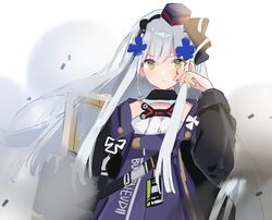  assault_rifle commentary facial_mark fei_(songyijie) female frown girls&#039;_frontline green_eyes grey_hair gun h&amp;k_hk416 hair_ornament hand_on_own_cheek hand_on_own_face hat headband hk416_(girls&#039;_frontline) hk416_(mod3)_(girls&#039;_frontline) id_card jacket long_hair mini_hat purple_jacket rifle smoke solo weapon 