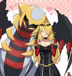  blush breasts charisma_break cleavage commentary_request cynthia_(pokemon) cynthia_(sygna_suit)_(renegade)_(pokemon) dress female garchomp giratina hair_over_one_eye head_rub highres large_breasts official_alternate_costume pokemon pokemon_(creature) pokemon_masters_ex rubbing shimure_(460) sweatdrop wings 